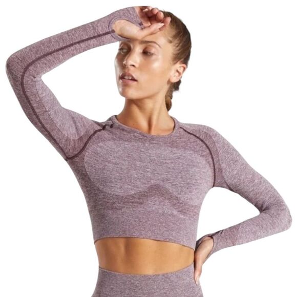 GymShark Seemless Long Sleeve Crop Top Womens Size Medium Berry Red - Picture 2 of 10